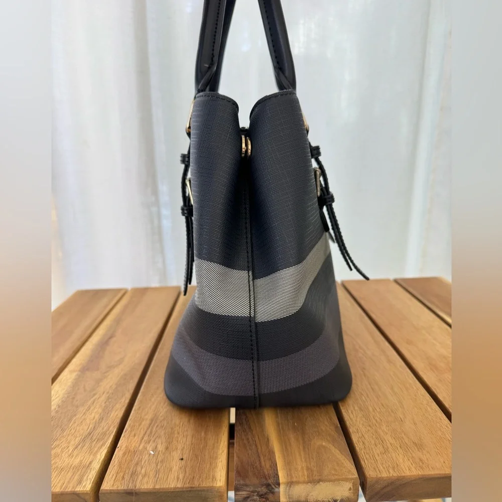 Burberry Check Tote Purse Black Gray Nova Check Berry Red Leather Trim